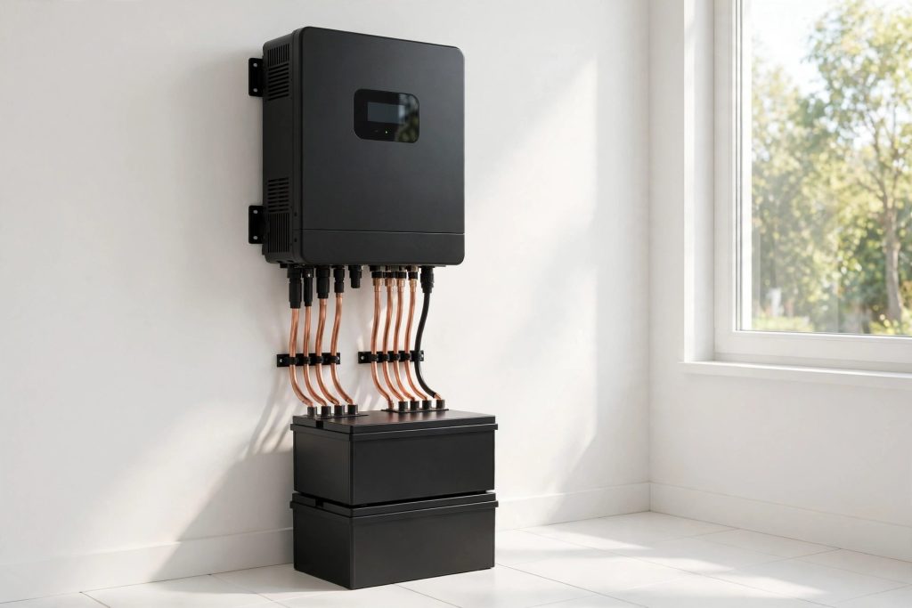 Wall-mounted solar inverter with battery bank in a bright utility room — what size solar inverter do I need sizing guide